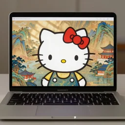oriental water painting of hello kitty programming on a macbook during the song dynasty