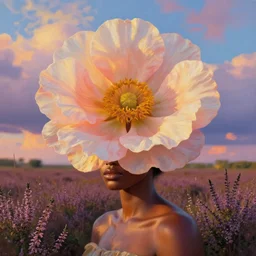 closeup, giant flower under head, an african woman in heather field, surreal photography, golden hour, colorful clouds, impressionist painting, digital painting, artstation, simon stalenhag