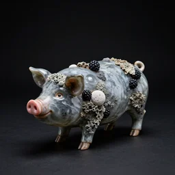 a pig and blackberry sculpture, obsidian and glass and pumice and japanese glazed pottery, lichen, antique, black background, dramatic lighting, centered, zen,