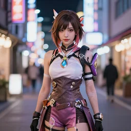 portrait photograph of an extremely beautiful!!!! d. va from overwatch. standing on a japanese neon lit street. looking at the camera!!. super resolution. extremely detailed. graflex camera!, bokeh!!!!! trending on artstation.
