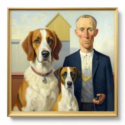 a painting by grant wood of two dogs, American Gothic style