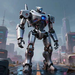 a large robot standing on top of a wet road, cyberpunk art by Stephan Martinière, trending on cgsociety, retrofuturism, dystopian art, sci-fi, reimagined by industrial light and magic ::