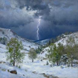 a beautiful oil painting of a valley covered in snow, trees with green leaves, thunderstorm in the sky, blue lighting, gloomy, atmospheric lighting, detailed, beautiful!! by greg rutkowski, trending on artstation