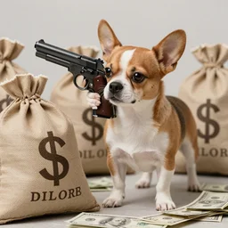 small dog robbing a bank with a pistol, close up photograph, sacks of money