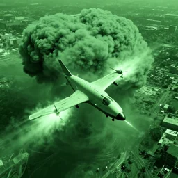 combat drone strike war footage, bichromatic with green tint, high contrast, nuclear cloud, high angle vertical