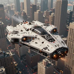 a intricate detailed spaceship designed by peter schreyer flying over NYC in style of blade runner 2049