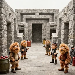 jim henson's labyrinth. stone walls. this passage is littered with fuses, kegs of gunpowder, and sticks of dynamite. a crew of five goblins. by edgar maxence and caravaggio and michael whelan and delacroix style, artistic, intricate painting, cinematic lighting, hyper realistic, extremely detailed, vivid colors, establishing shot, dramatic lighting