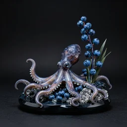 sculpture of a cephalopod and blueberries, ikebana, photorealistic, centred, black background, obsidian and glass and pumice, zen, trending on artstation