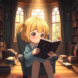a wholesome animation key shot of a little blond haired girl in a chair reading a book in a room with bay windows and lots of books by studio ghibli, animation, sharp, rendered in unreal engine 5, focused, anime key art by greg rutkowski, bloom, dramatic lighting