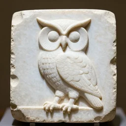 an emblem of owl, carved on white stone, history, egyptian, egyptian history, museum collection, photorealistic, photography, realistic, hyper realistic, newly found, 2 4 mm, deep focus