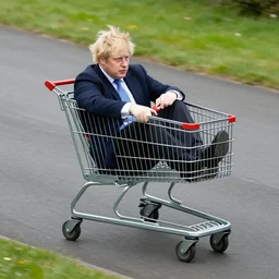 Boris Johnson riding inside a shopping cart rolling downhill a very steep road