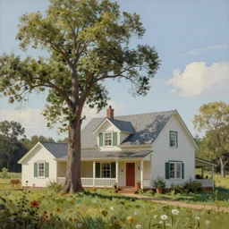 highly detailed painting of beautiful farm house near a tall tree, award winning masterpiece art, hyper realistic, concept art, 8 k detail post - processing