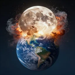 a photograph of the moon exploding and hitting the earth, realistic, cinematic,