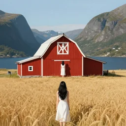 scenery ; a red barn in the middle of a crop in a fjord. the subject : a young woman whith long black hair wearing a white dress. a young woman with black hair in a white dress hiding! from the sun in the shade! of a red barn! in a fjord. sharp focus, detailed, realistic, smooth, illustration, elegant, wide angle, trending on artstation. art by eddie mendoza, ( anato finnstark ), and ( randy vargas ).