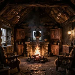 rendering of interior of a hebrides crofter's black house dwelling in scotland, 1 8 0 0 s, cozy, open peat fire in center of room, stone floor, smoke, cabinets, wooden furtniture, low low ceiling, turf roof, small windows, large hanging kettle, bloom, soft lamp light, volumetric lighting, dark, dark, dingy, old, unreal engine render