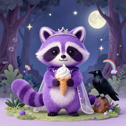 3 d purple - colored littlest pet shop purple raccoon, accessories, glittery wedding, ice cream, gothic, raven, rainbow, smiling, forest, moon, stars, master painter and art style of noel coypel, art of emile eisman - semenowsky, art of edouard bisson