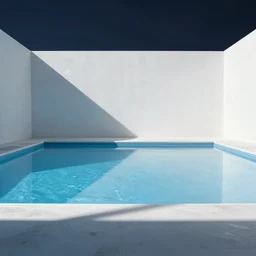 a very large empty pool, liminal space, white and blue, horizontally symmetrical, nocturnal, octane render, sharp focus