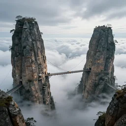 looking down from giant ancient towers poke out of the clouds, connected with hanging bridge!!, babel, vertigo, huge distance, by craig mullins, by ruan jia!, ( ( dr sues ) ), cold, dramatic lighting