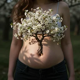 cherry tree growing out of young beautiful woman's stomach