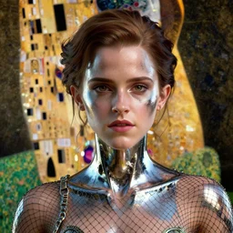 emma watson, 8 k uhd, unreal engine, reflected chrome, octane render in the artstyle of greg rutkowski klimt and nixeu and ian sprigger and wlop and krenz cushart tom bagshaw peter mohrbacher, unreal engine 5, highly detailed face, true anatomy!, extremely detailed!, fishnets, dystopian, details visible, octane render