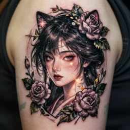 tattoo design, stencil, beautiful japanese girls face, roses and ivy surrounding by artgerm, artgerm, cat girl, anime