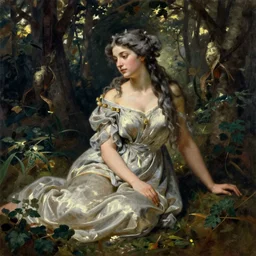 beautiful nymph in dress with gray hair in forest, oil painting, john waterhouse and john everett millais, classicism, raphaelites