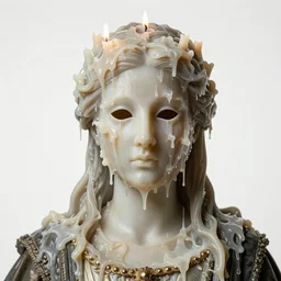 a renaissance wax goddess in occult full-face mask covered with many melted candles, highly detailed melted wax, gi, global illumination, physically based rendering, photorealistic, top light, by Livio Scarpella, Urs Fischer, Jin Shan, Mooniq Priem, white background