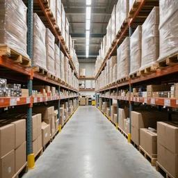 a warehouse with long rows of boxes and shelving,