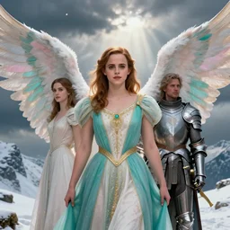 royalty angel, big wings, argentina, emma watson and karen gillan, hudson river school, max rive, full plate armor with cloth, f 1 6, bokeh, gentle, female, snowy mountain, storm clouds, god rays, extreme close up portrait, d & d, fantasy, elegant, teal pink white gold color palette, concept art, roger deakins and greg rutkowski and alphonse mucha