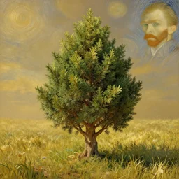 a small giant juniper tree nestled in a grassland, studio lighting, golden ratio, details, masterpiece, fine art, intricate, decadent, ornate, highly detailed, digital painting, octane render, ray tracing reflections, 8 k, featured, by claude monet and vincent van gogh
