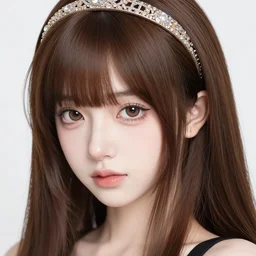 advanced digital anime art, a girl with long,straight brown hair decorated with a flashy hair band adorning her perfectly proportioned face, pale skin and brown eyes.