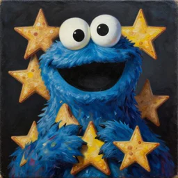 intricate five star cookie monster portrait by pablo picasso, oil on canvas, hdr, high detail, photo realistic, hyperrealism, matte finish, high contrast, 3 d depth, centered, masterpiece, vivid and vibrant colors, enhanced light effect, enhanced eye detail, artstationhd