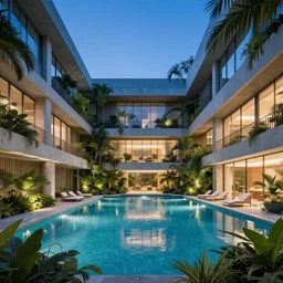 The atrium of a refurbished contemporary building filled with tropical plants and lush swimming pool, project by Kengo Kuma, blue hour, cinematic, 4k