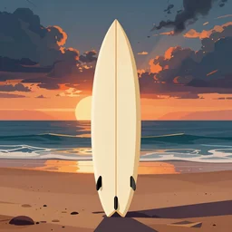a surfboard on the beach, ocean in the background. sunset, kurzgesagt style. vector art, material design
