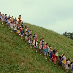 A still from a Wes Anderson movie where the Pied Piper is luring hundreds of kids up a hill, long shot
