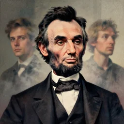 portrait of a abraham lincoln, colorful, modern art deco, mads berg, karolis strautniekas, christopher balaskas, stippled light, fog, moody, fine texture, editorial illustration, dramatic lighting, dynamic composition, detailed, matte print, dynamic perspective, muted color, ( ( victo ngai ) )