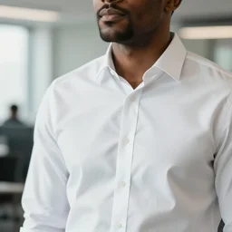 close up photo of a african american business man wearing a white button up shirt standing in an office, hyper realistic, natural light