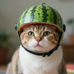 photo of a cat wearing a helmet made of a watermelon. highly detailed 8 k. intricate. lifelike. soft light. nikon d 8 5 0 5 5 mm. dof. cinematic postprocessing.