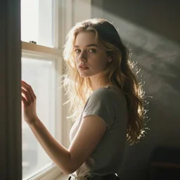 very very beautiful photograph of emily skinner looking like annie leonhart standing next to a window god rays shining on her from the sunlight, volumetric fog, smoke, depth of field, beautiful composition, featured on artstation and instagram