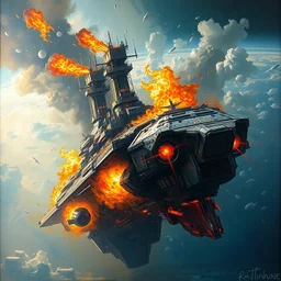 a battlecruiser on fire re - entering the atmosphere, highly detailed oil painting, impasto brush strokes, soft light, 8 k, cyberpunk colour palette, dramatic composition, dramatic lighting, sharp focus, concept art, masterpiece, by adrian ghenie and jenny saville and zhang jingna