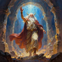 elder pagan god rising from a magical portal inside mysterious ancient ruins, painted by peter mohrbacher, trending on artstation, character portrait, character concept art, dynamic lighting, beautiful character painting, mystical figure, 1 3 5 mm lens, vibrant colors