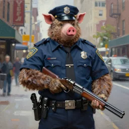 highly detailed painting of a humanoid half bear half man pig creature in a nypd uniform, shotgun in hand, streets of nyc, by william turner, by greg rutkowski, by william constable, thick brush strokes and visible paint layers, 4 k resolution