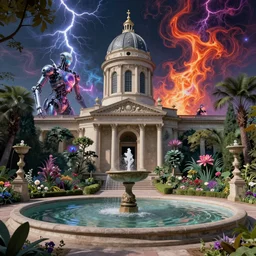 Neoclassical tower with dome, next to a fountain and a mystical garden. By (Rembrandt painting(100)(fractal flame)), psychedelic, mech, pearlized, spot lightning highly detailded