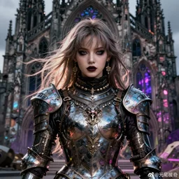 beautiful gothic and victorian and evil and dieselpunk medieval female armor portrait like lisa blackpink+smoky eyes+front face with light flowing hair, ultradetail face, ruined gothic cathedral, art and illustration by tian zi and craig mullins and WLOP and alphonse mucha, ssci-fi, fantasy, neon lights reflect, intricate complexity, human structure, fantasy character concept, watermark, blurry, hyperrealism 8k