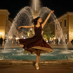 una ragazza che balla felice in una fontana di notte