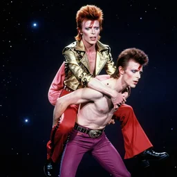 david bowie giving a piggy back ride to ziggy stardust. glam rock. cosmic. peder balke. rock'nroll