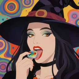 a colorful vibrant closeup portrait of a beautiful witch licking a tab of lsd acid on his tongue and dreaming psychedelic hallucinations, by kawase hasui, moebius, edward hopper and james gilleard, zdzislaw beksinski, steven outram colorful flat surreal design, hd, 8 k, artstation