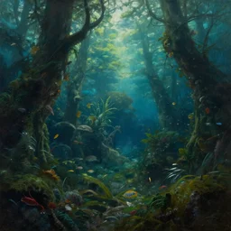 An epic tropical lush underwater forest, by Wayne Barlowe, by Ivan Aivazovsky, by Bruce Pennington, by Paul Lehr, masterpiece, oil on canvas, trending on artstation, top on pixiv, cinematic composition, dramatic scene, beautiful aesthetic lighting, artgem, concept art, sharp, high details, hyper-detailed, astrophotography, no frames, 8K