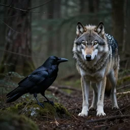 mixture between an!! crow and! wolf, photograph captured in a dark forest, realistic