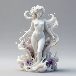 3 d fluid simulation render, octane render, xparticles, white colors, female bodies, white carved abstract sculpture, amethyst mineral quartz, swirly curls, abstract white fluid, golden edges and fractals